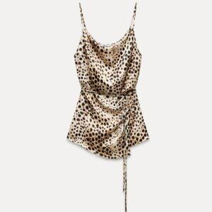 LUX230 NWT - Zara Leopard Cowl Neck Satin Top Adjustable Tie Waist  - S
